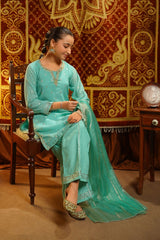 Ochre Clothing Girls Full Suits Viscose Jacquard Hand Adda Work 3 Pc  Suit