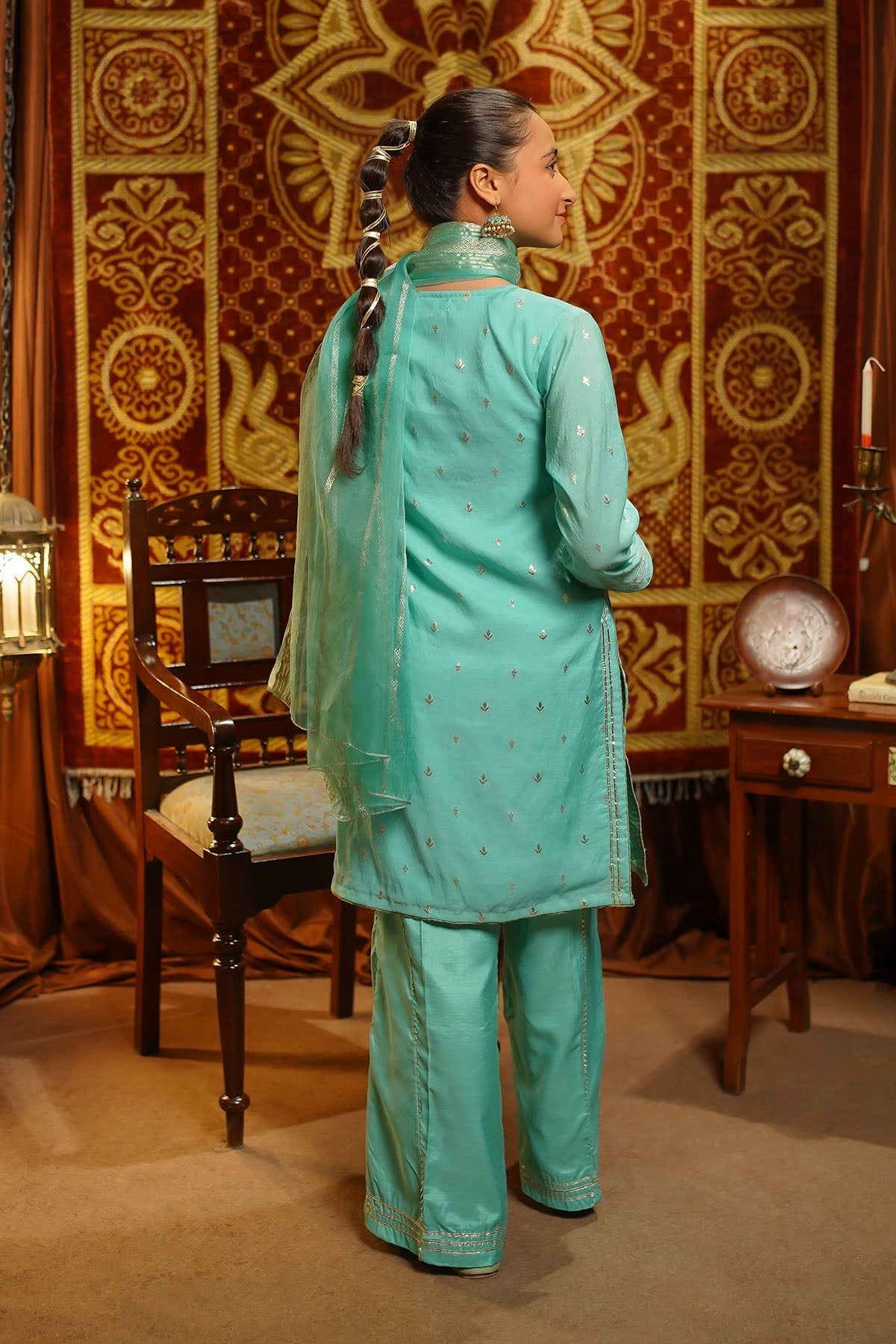 Ochre Clothing Girls Full Suits Viscose Jacquard Hand Adda Work 3 Pc  Suit