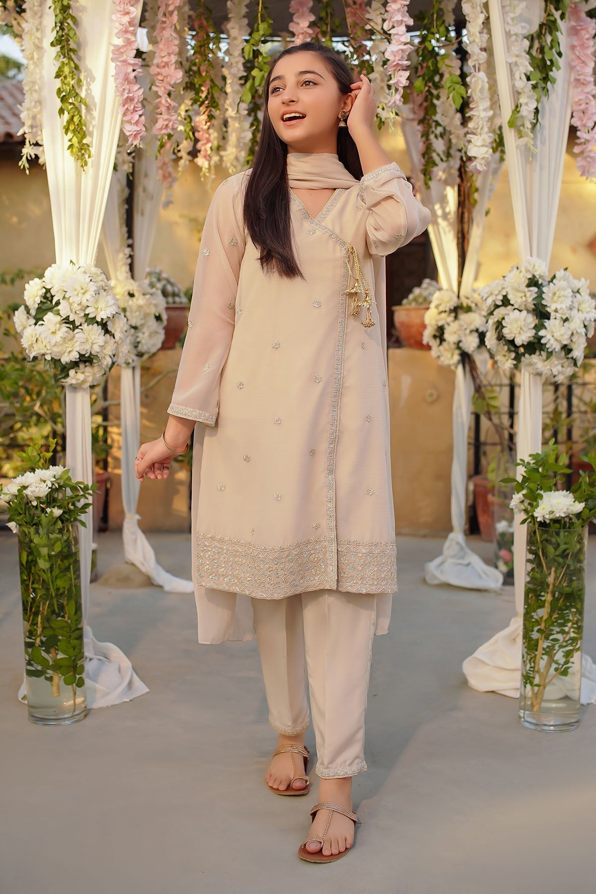 Ochre Clothing Girls Full Suits Chiffon Embroidered 3 Pc Suit