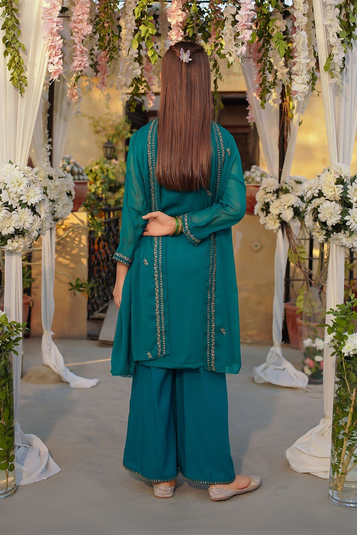 Ochre Clothing Girls Full Suits Chiffon Embroidered 3 Pc Suit