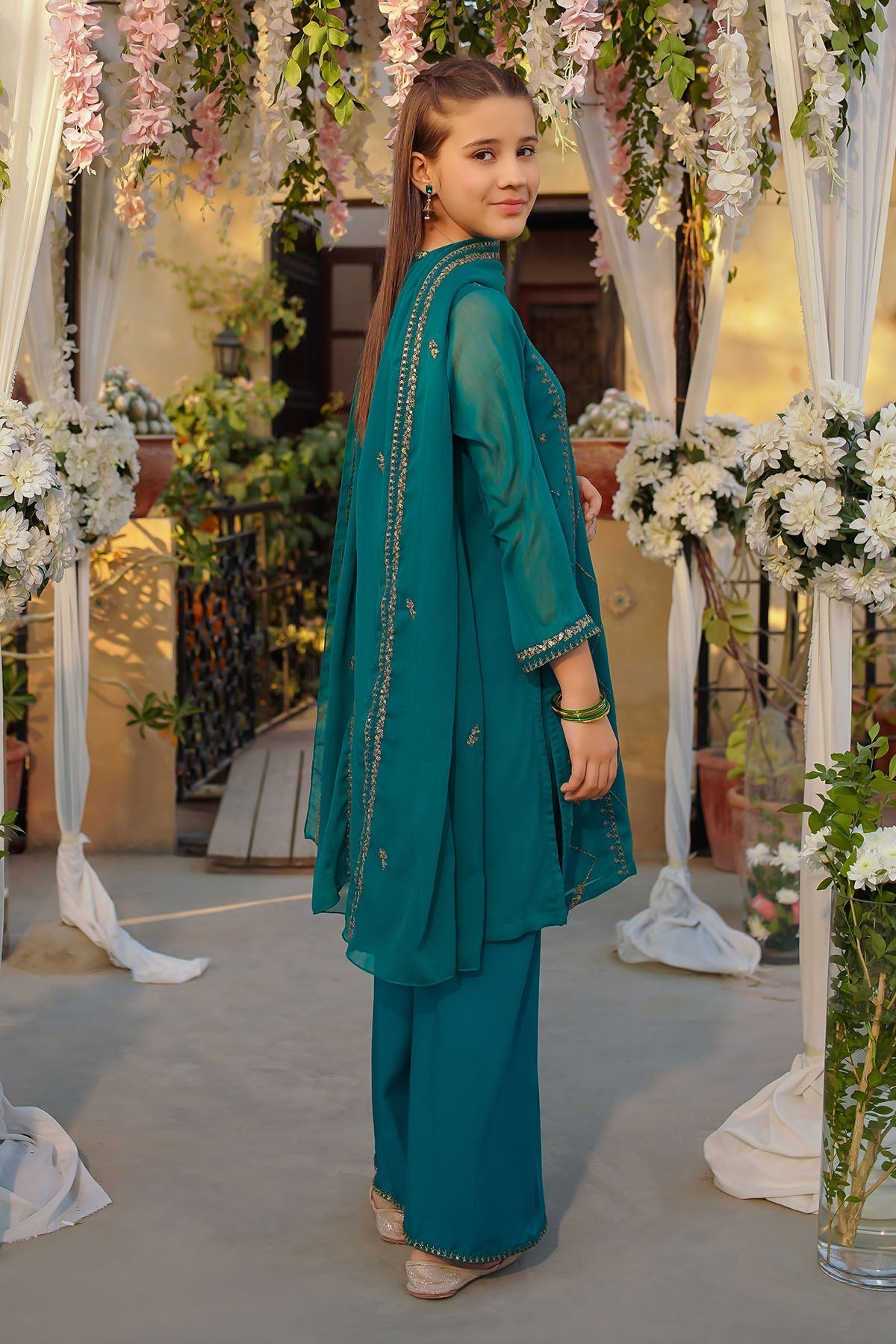 Ochre Clothing Girls Full Suits Chiffon Embroidered 3 Pc Suit