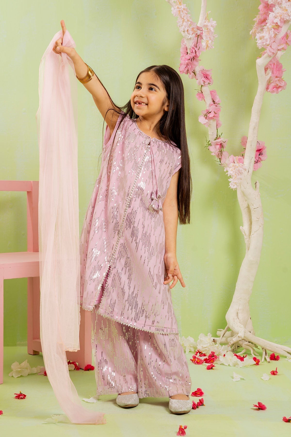 Ochre Clothing Sequence Embroidered Net 3 Pc Suit