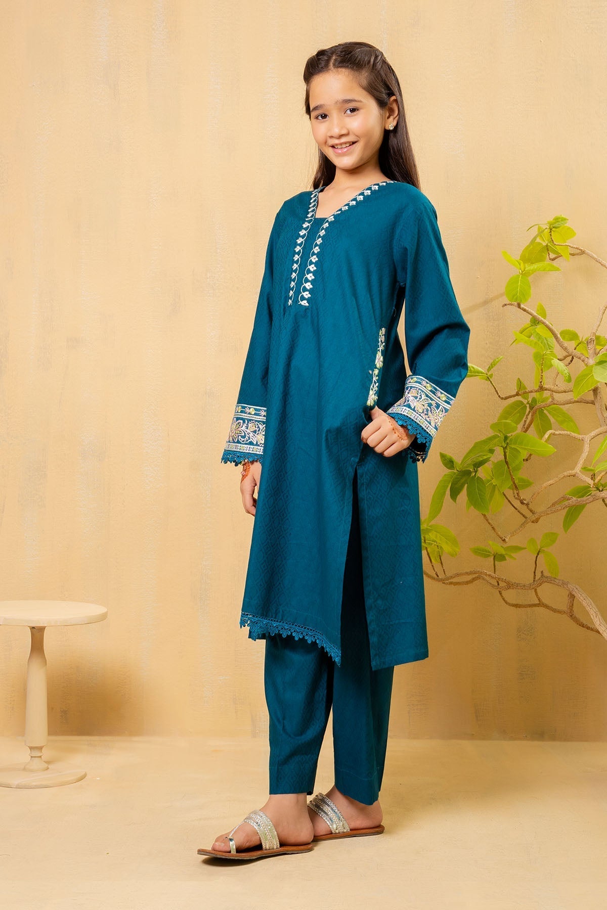Ochre Clothing Girls Co-ords Cotton Embroidered 2 Pc Suit
