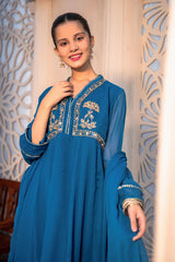 Ochre Clothing Girls Full Suits Chiffon Hand Adda Work 3 Pc Suit