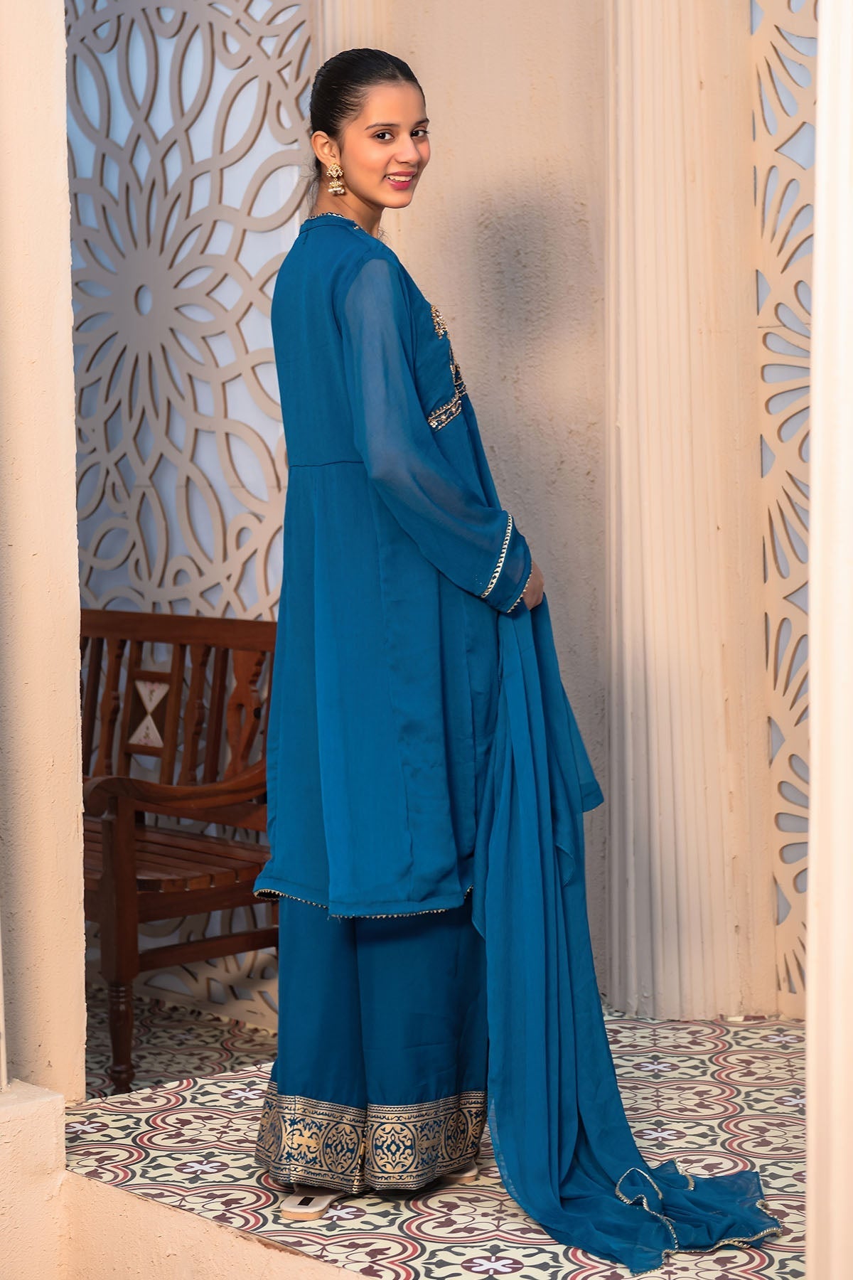 Ochre Clothing Girls Full Suits Chiffon Hand Adda Work 3 Pc Suit