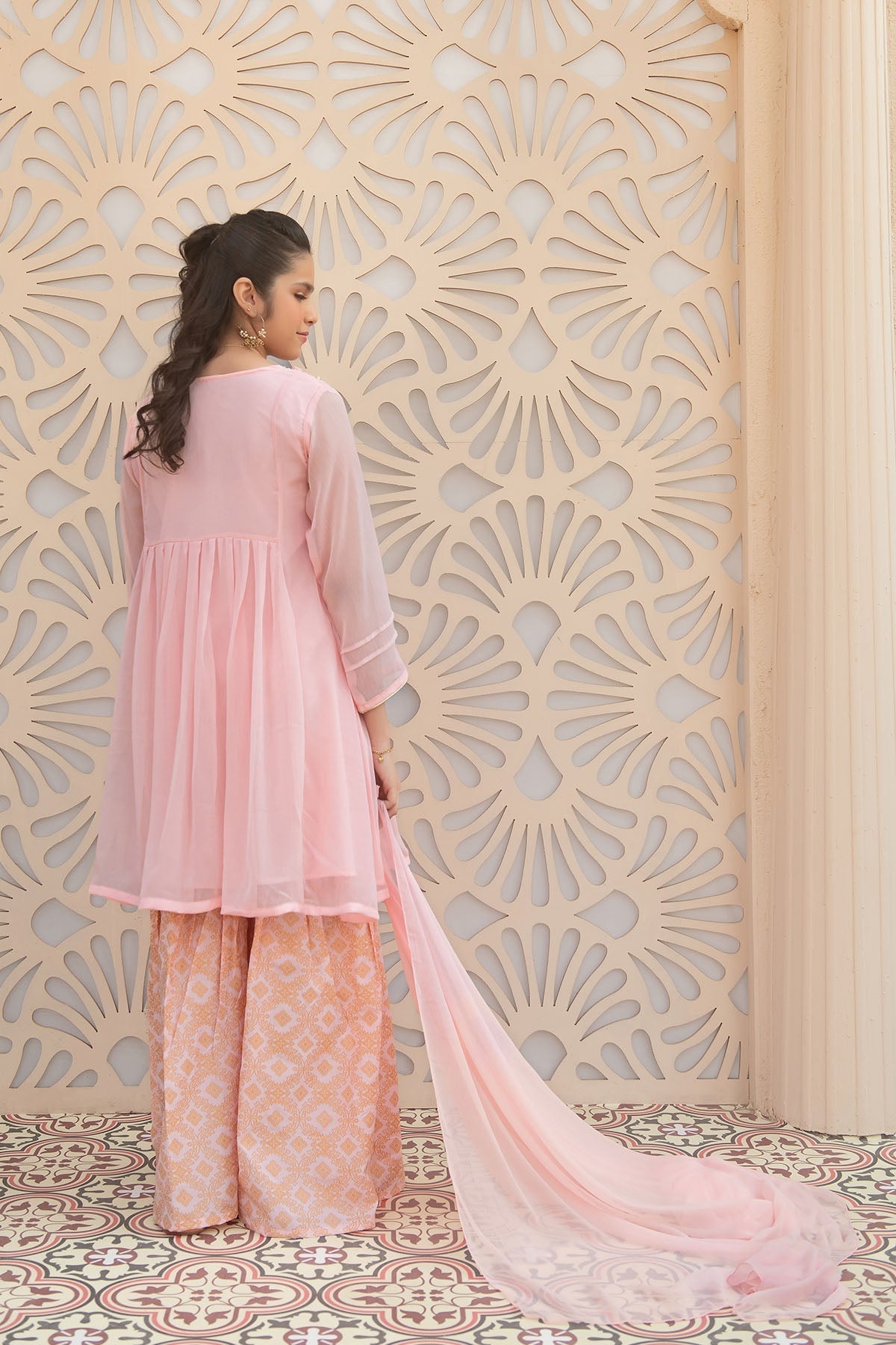 Ochre Clothing Girls Full Suits Chiffon Hand Adda Work 3 Pc Suit