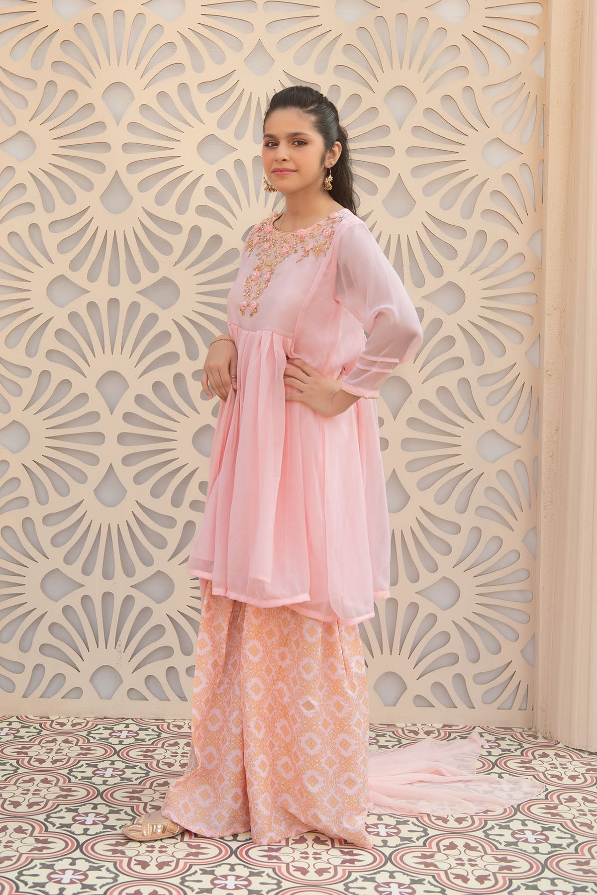 Ochre Clothing Girls Full Suits Chiffon Hand Adda Work 3 Pc Suit