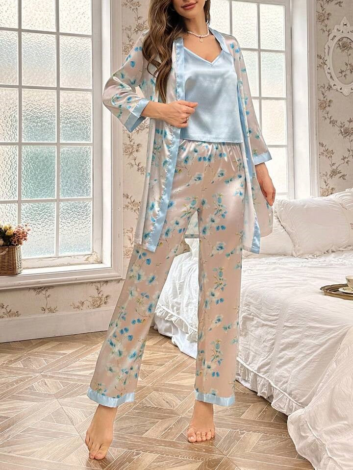 Studio By Arj Women's 3 piece sleepwear sky blue floral print satin cami pajama set silk with robe
