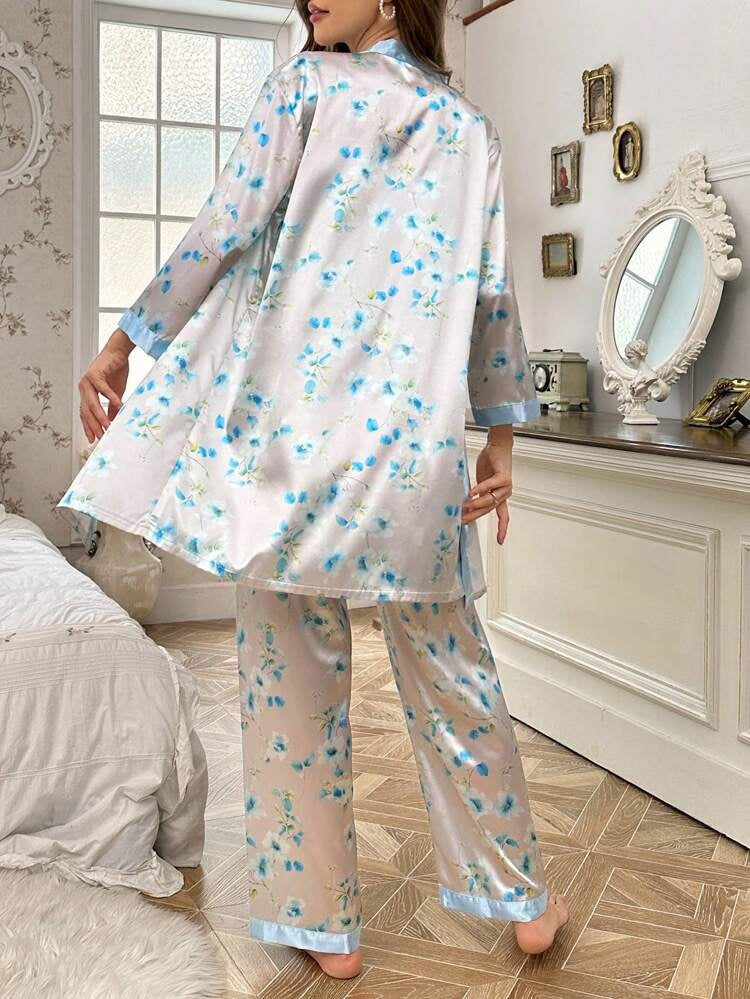 Studio By Arj Women's 3 piece sleepwear sky blue floral print satin cami pajama set silk with robe