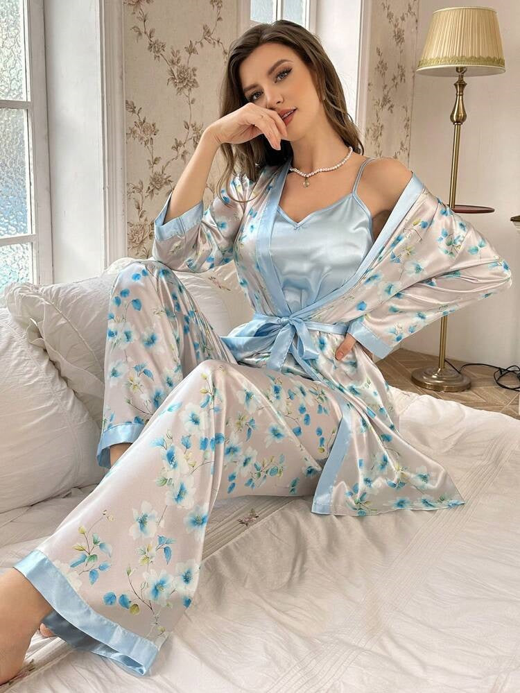 Studio By Arj Women's 3 piece sleepwear sky blue floral print satin cami pajama set silk with robe
