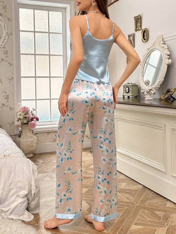 Studio By Arj Women's 3 piece sleepwear sky blue floral print satin cami pajama set silk with robe
