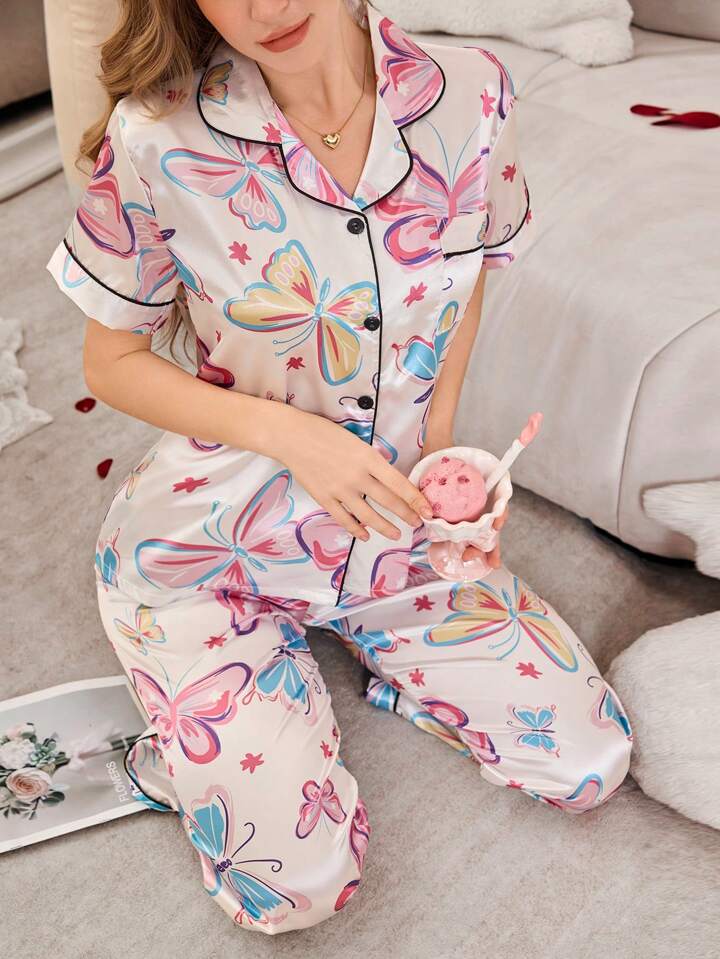 Studio By Arj She's Inn Stylish Butterflly Print Women Nightwear Smoothy Silky Satin Pajama set Night Drees