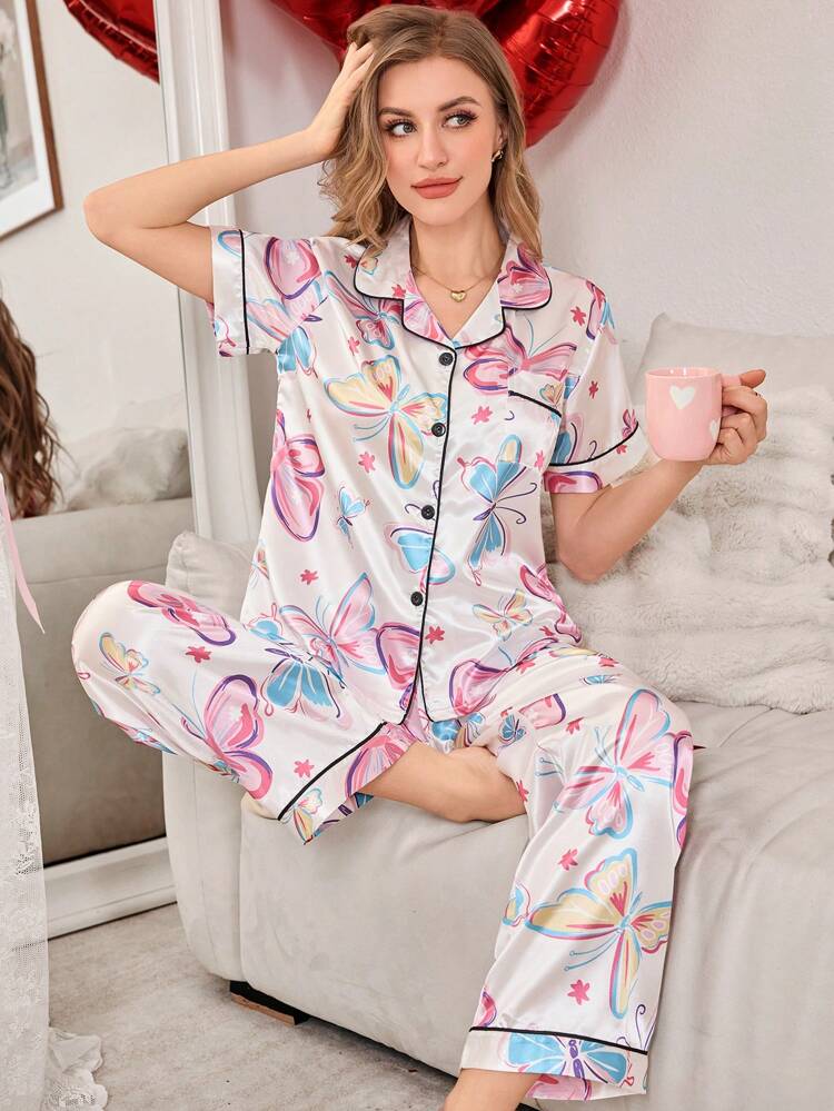 Studio By Arj She's Inn Stylish Butterflly Print Women Nightwear Smoothy Silky Satin Pajama set Night Drees