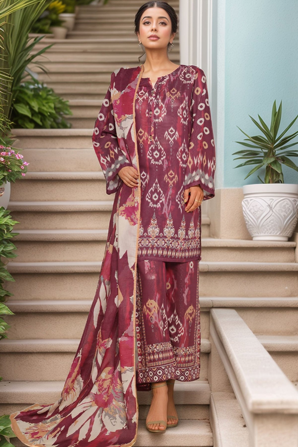 Sada Bahar Stitched 3 Piece Printed Shimmered Cambric Collection'2025-SC-304-MAROON