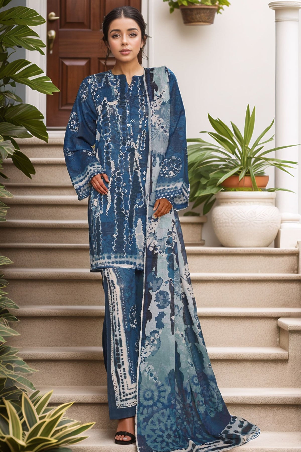 Sada Bahar Stitched 3 Piece Printed Shimmered Cambric Collection'2025-SC-305-BLUE