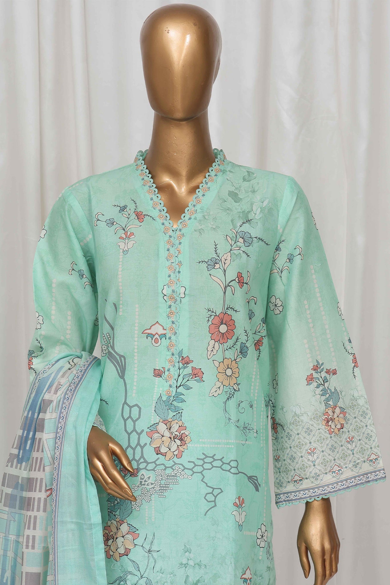 Bin Saeed Stitched 3 Piece Exclusive Printed Lawn Vol-04 Collection-SM-1331-Ferozi