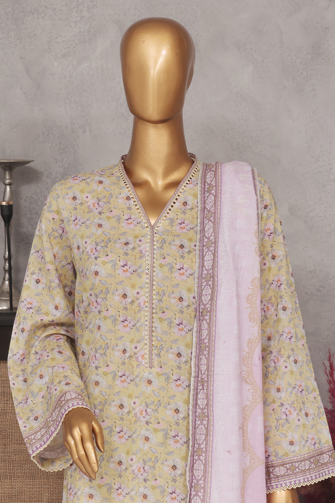 Bin Saeed Stitched 3 Piece Exclusive Printed Lawn Vol-01 Collection-SM-1404-Beige