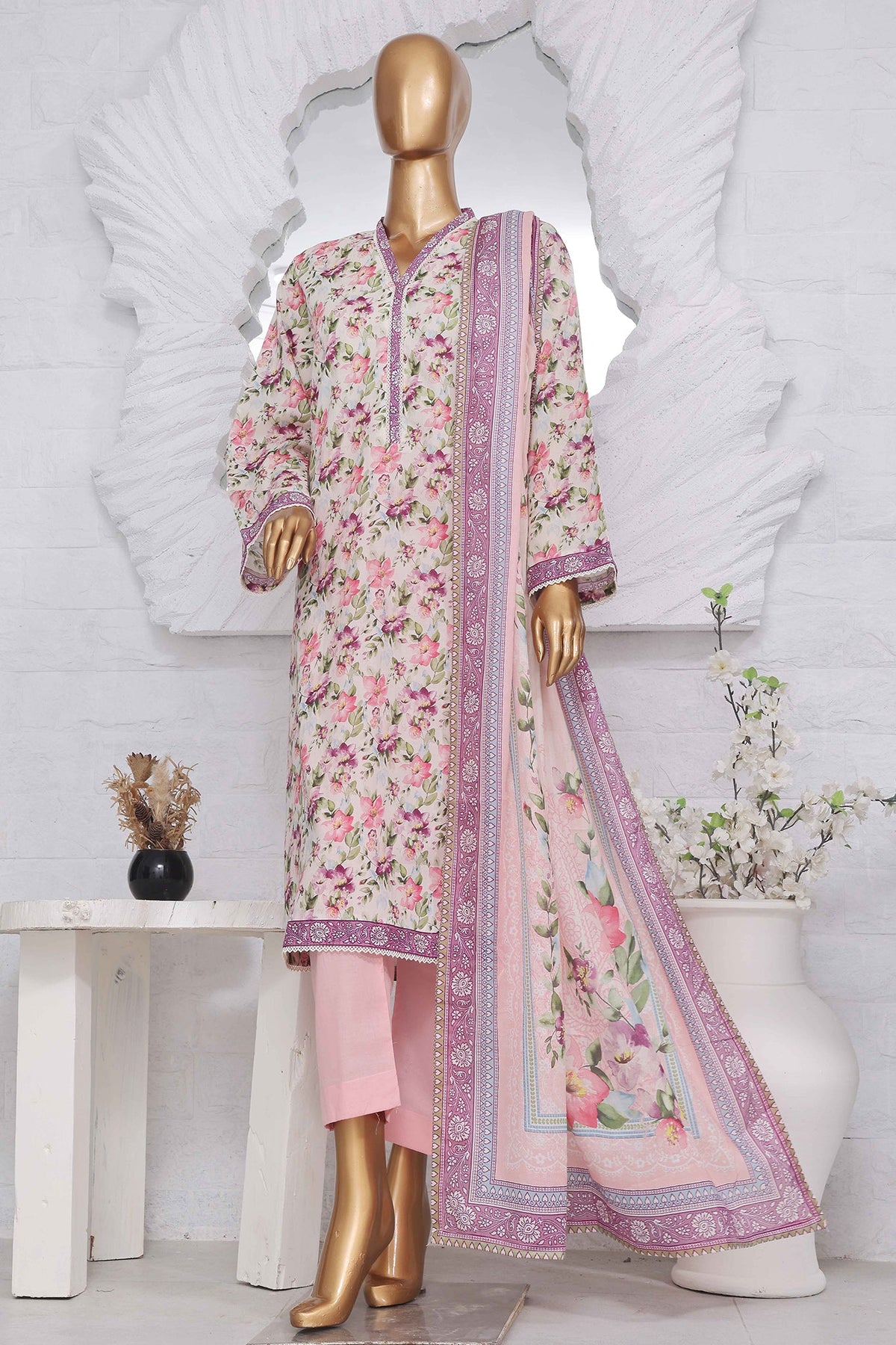 Bin Saeed Stitched 3 Piece Exclusive Printed Lawn Vol-02 Collection-SM-1441-Pink