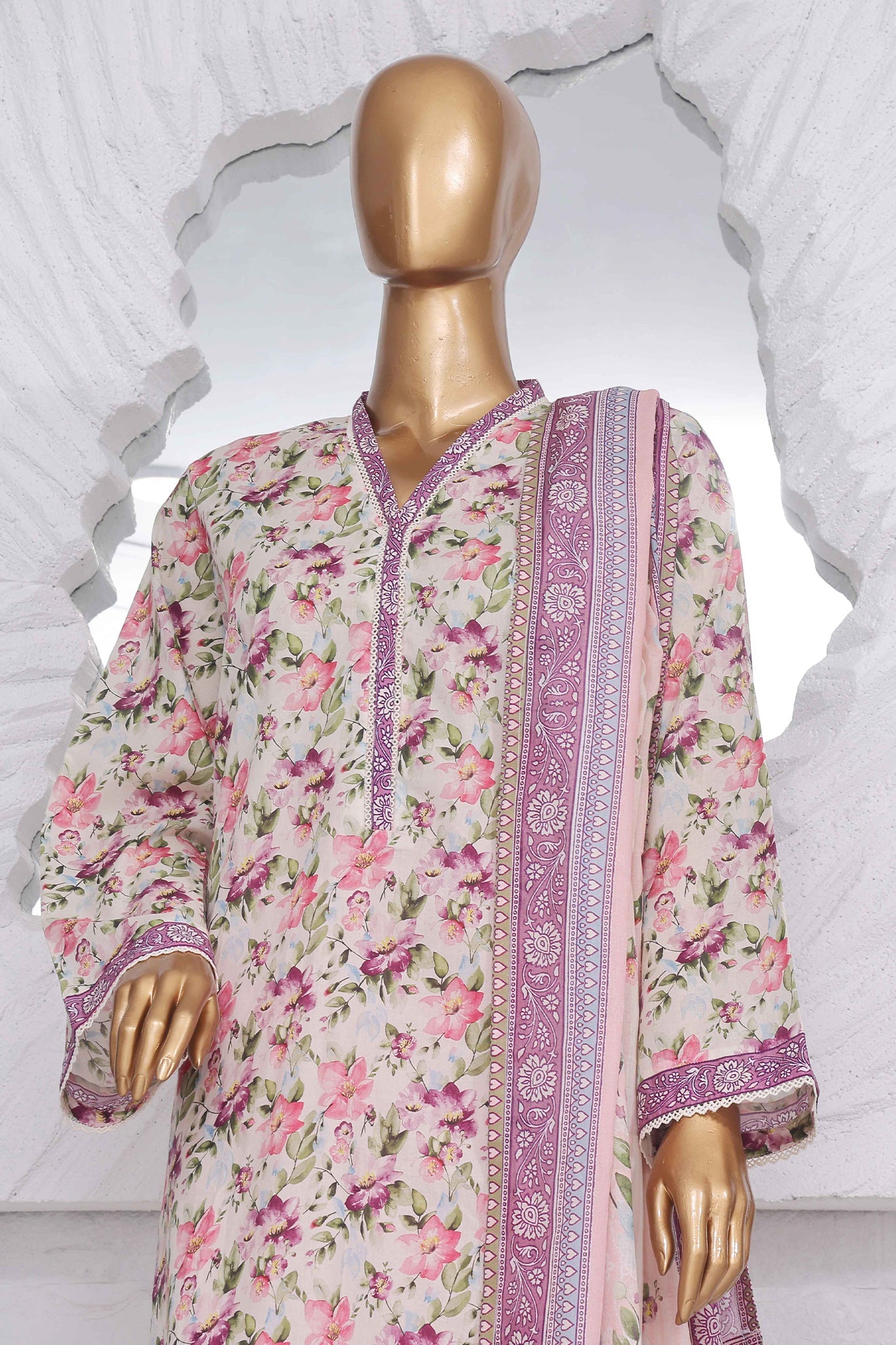 Bin Saeed Stitched 3 Piece Exclusive Printed Lawn Vol-02 Collection-SM-1441-Pink
