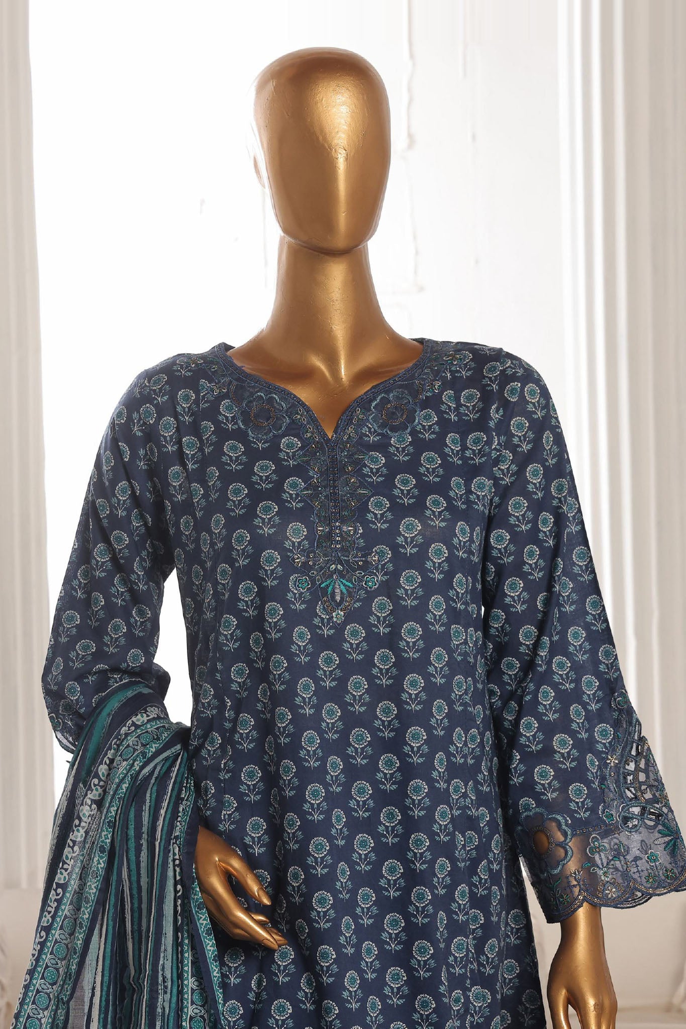 Bin Saeed Stitched 3 Piece Exclusive Lawn Frock Vol-01 Collection-SM-1463-Blue