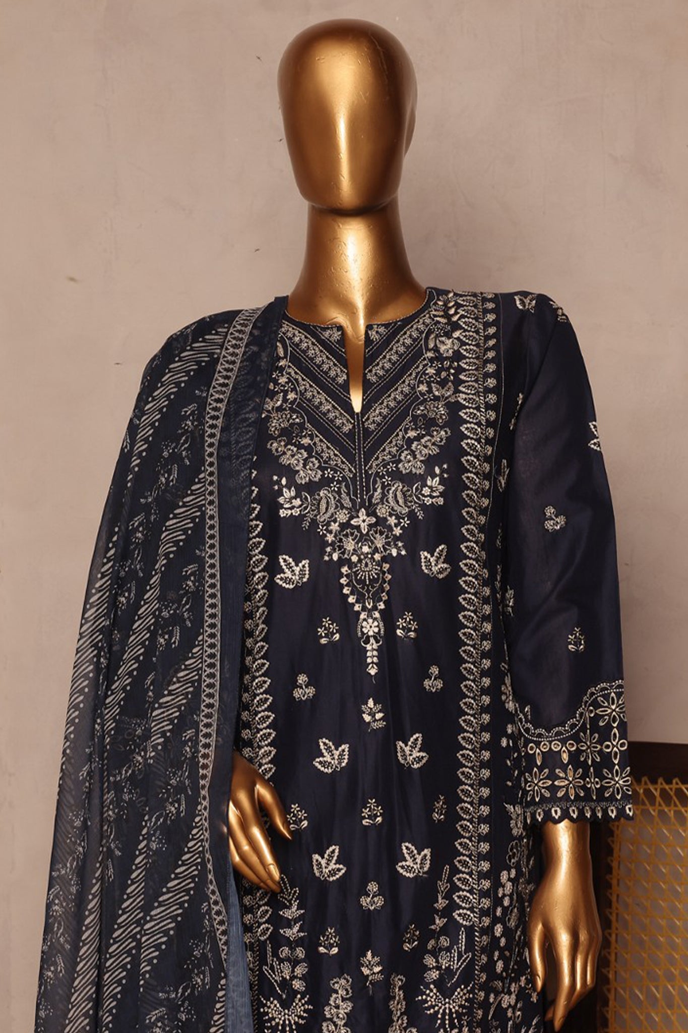 Bin Saeed Stitched 3 Piece Luxury Plain Cotton With Chiffon Dupatta Collection'2025-SMPC-1877-Blue