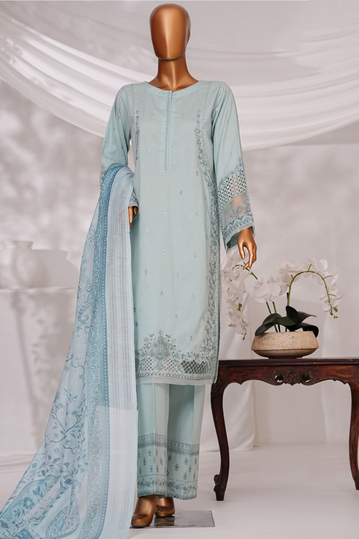 Muse By HZ Stitched 3 Piece Emb Self Cotton Jacquard Vol-05 Collection'2025-SSJ-2504-Aqua Blue