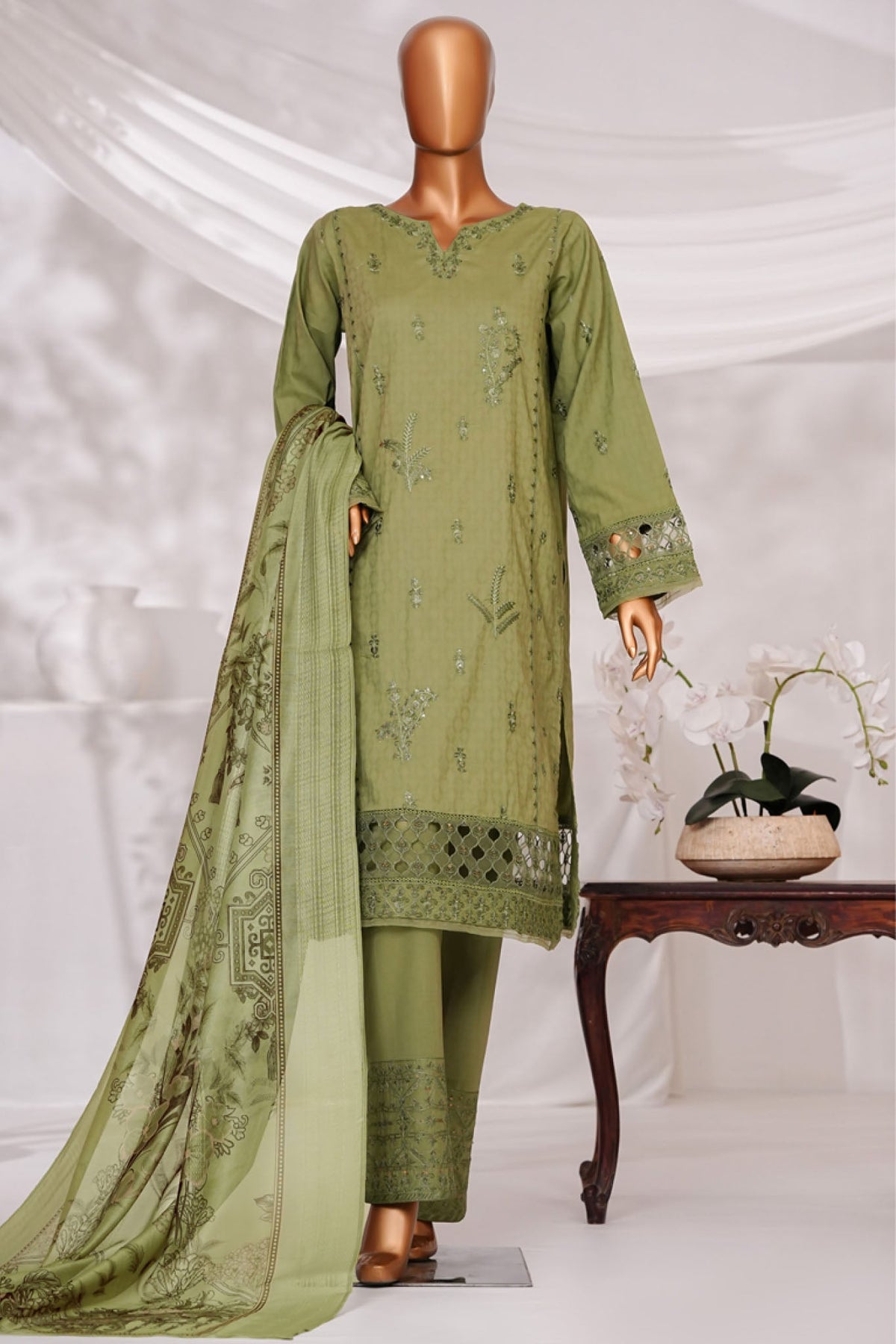 Muse By HZ Stitched 3 Piece Emb Self Cotton Jacquard Vol-05 Collection'2025-SSJ-2505-Leaf Green