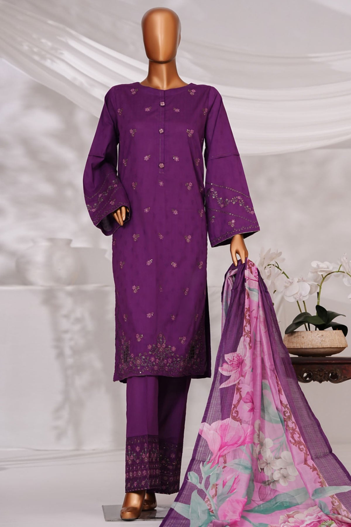 Muse By HZ Stitched 3 Piece Emb Self Cotton Jacquard Vol-05 Collection'2025-SSJ-2506-Purple