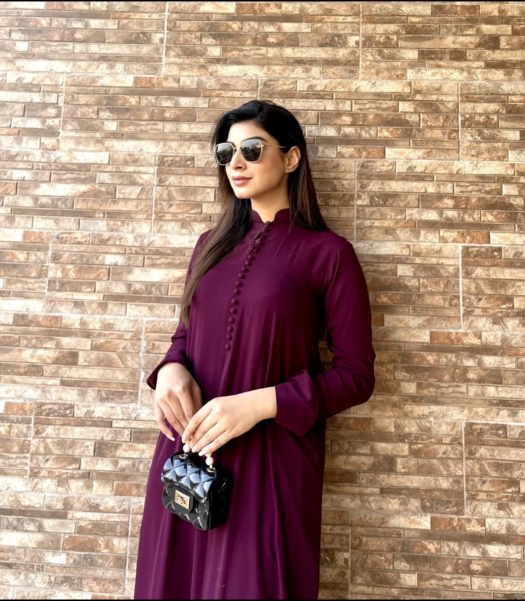 Manahils Stitched Purple Long Button Set