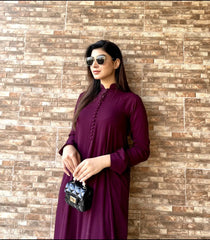 Manahils Stitched Purple Long Button Set