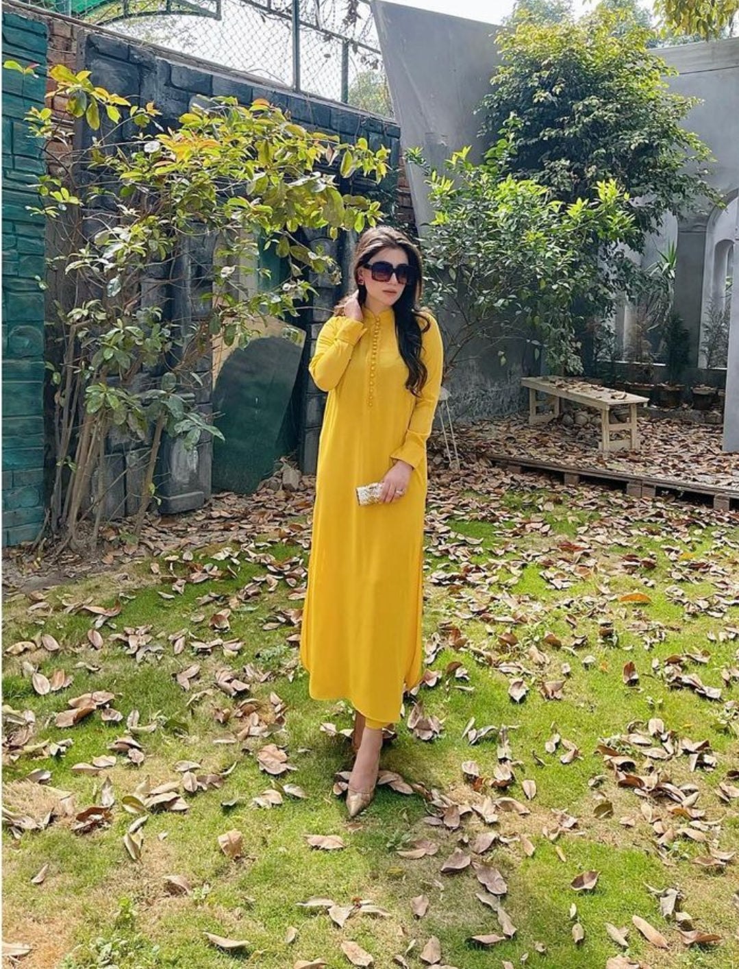 Manahils Stitched Yellow Long Button Set
