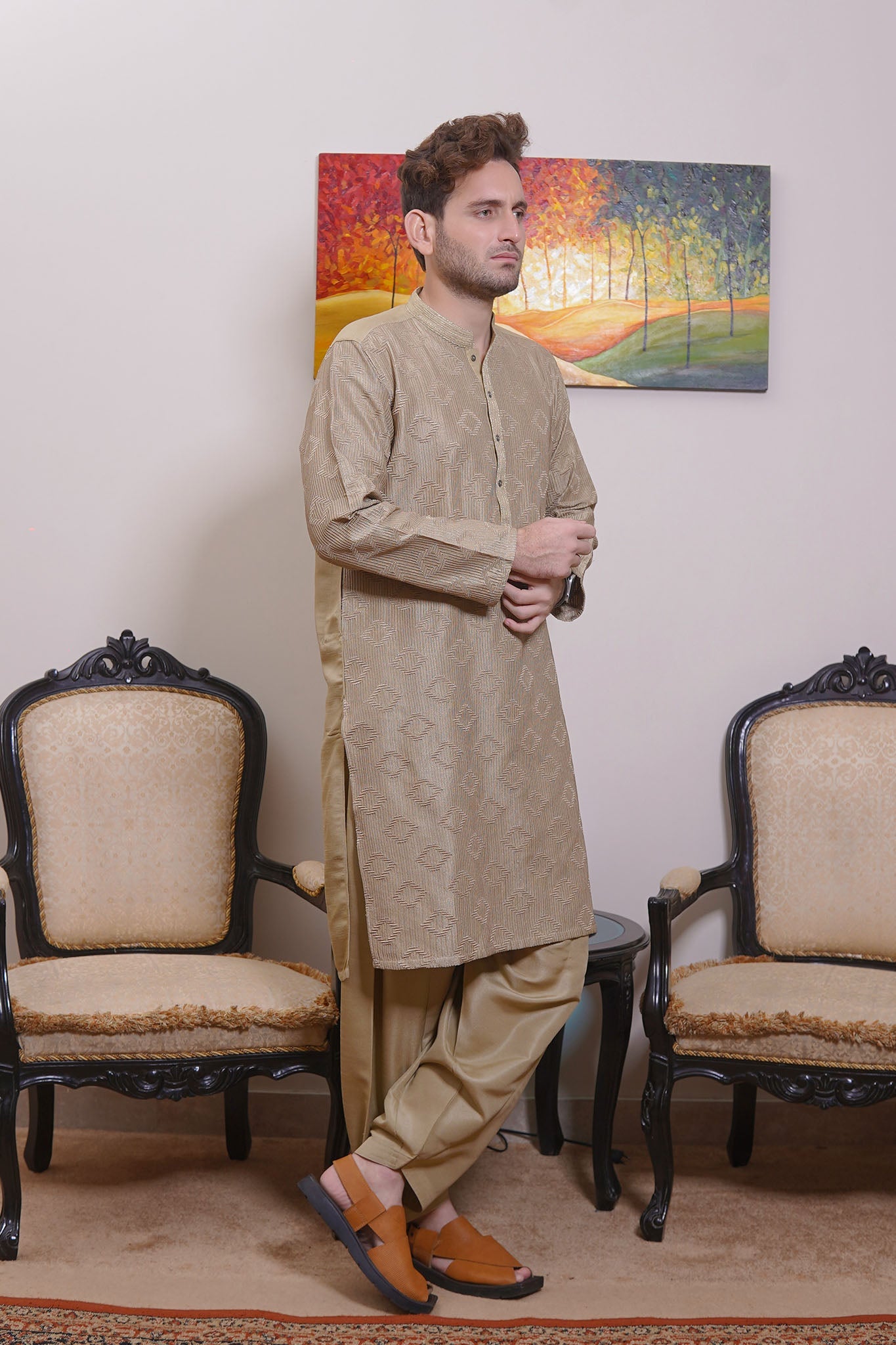 Real Image Mens Kurta Shalwar Collection'2025-D - 489 Fawn