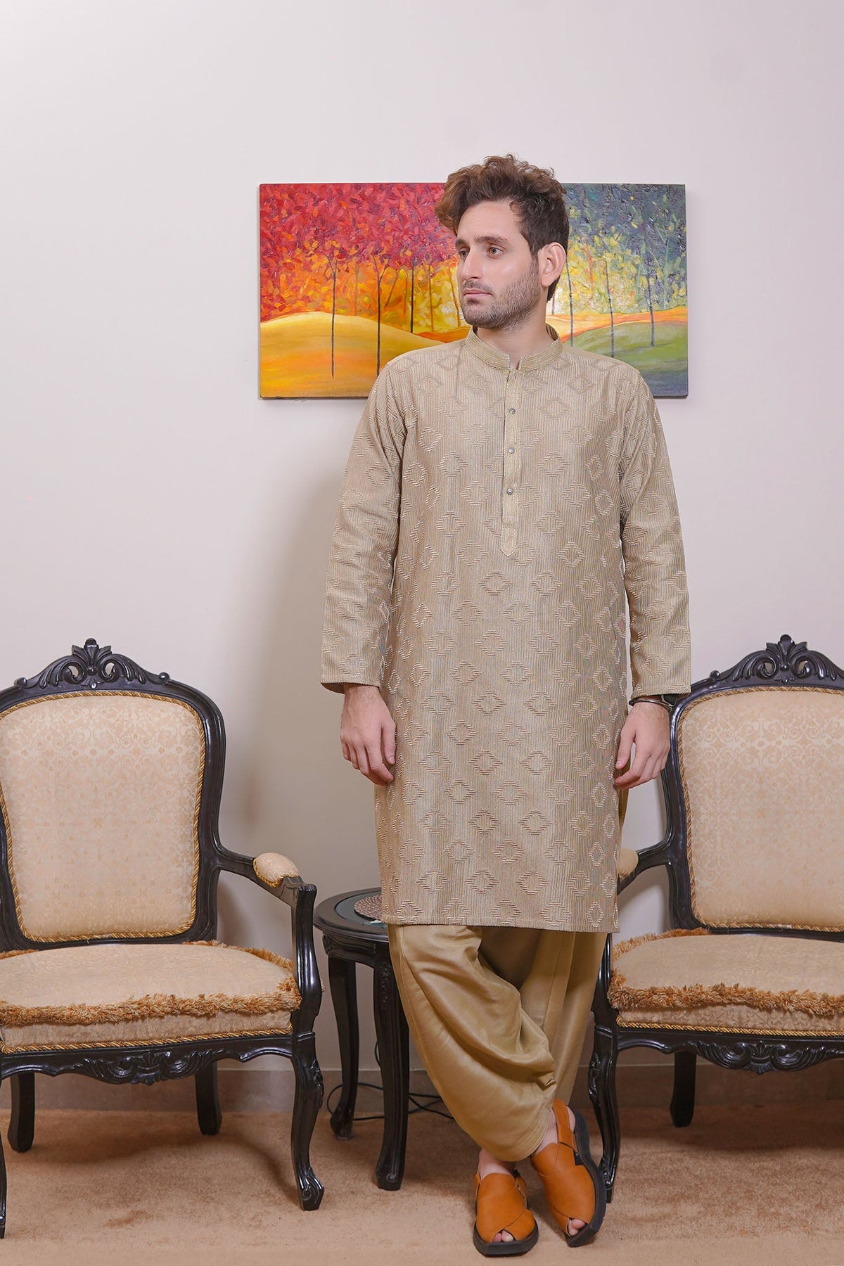 Real Image Mens Kurta Shalwar Collection'2025-D - 489 Fawn