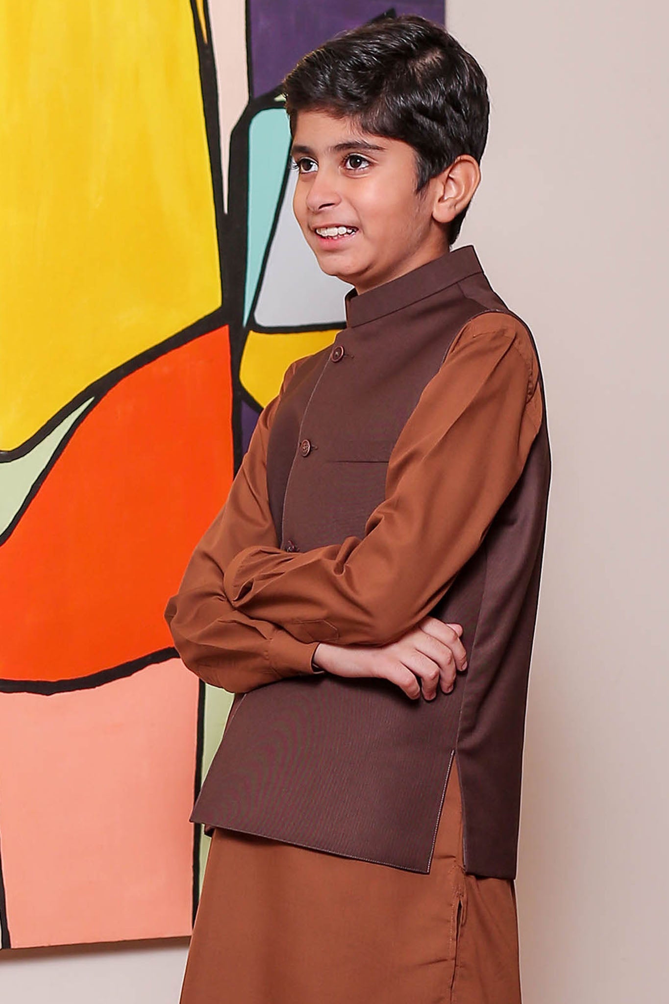 Real Image Kids Waist Coat Collection'2025-OKW-034 Smart Fit Brown