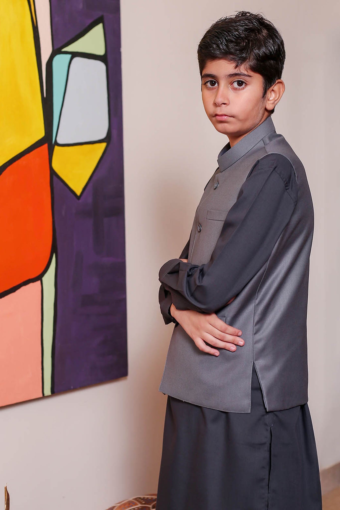 Real Image Kids Waist Coat Collection'2025-OKW-029 Smart Fit Grey