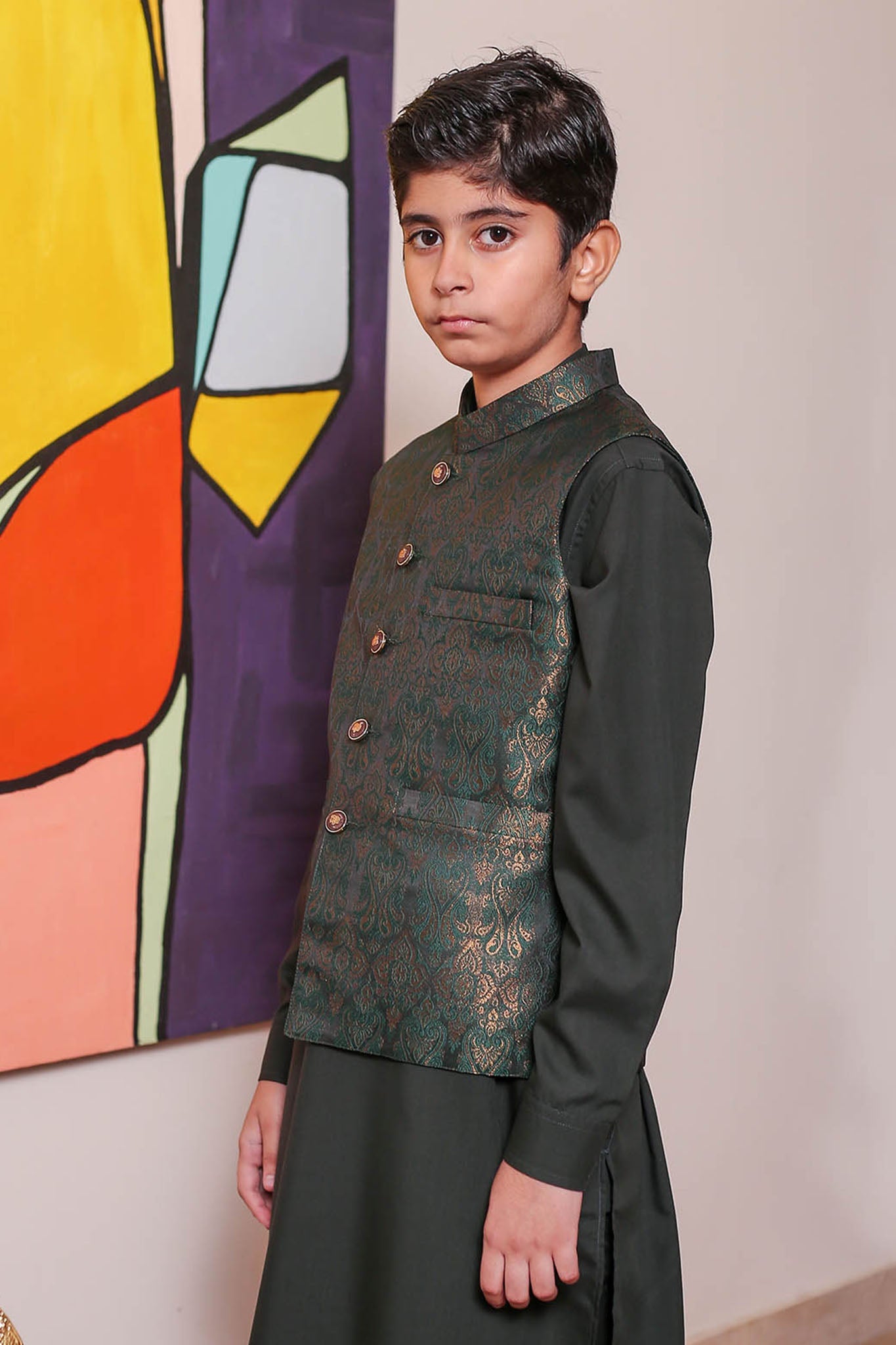 Real Image Kids Waist Coat Collection'2025-OKW-048A Smart Fit Dark Green