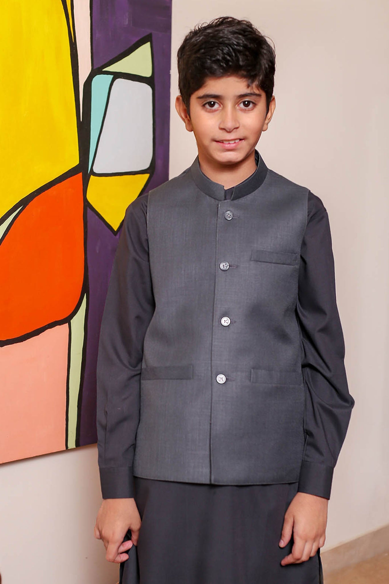 Real Image Kids Waist Coat Collection'2025-OKW-028 Smart Fit Grey