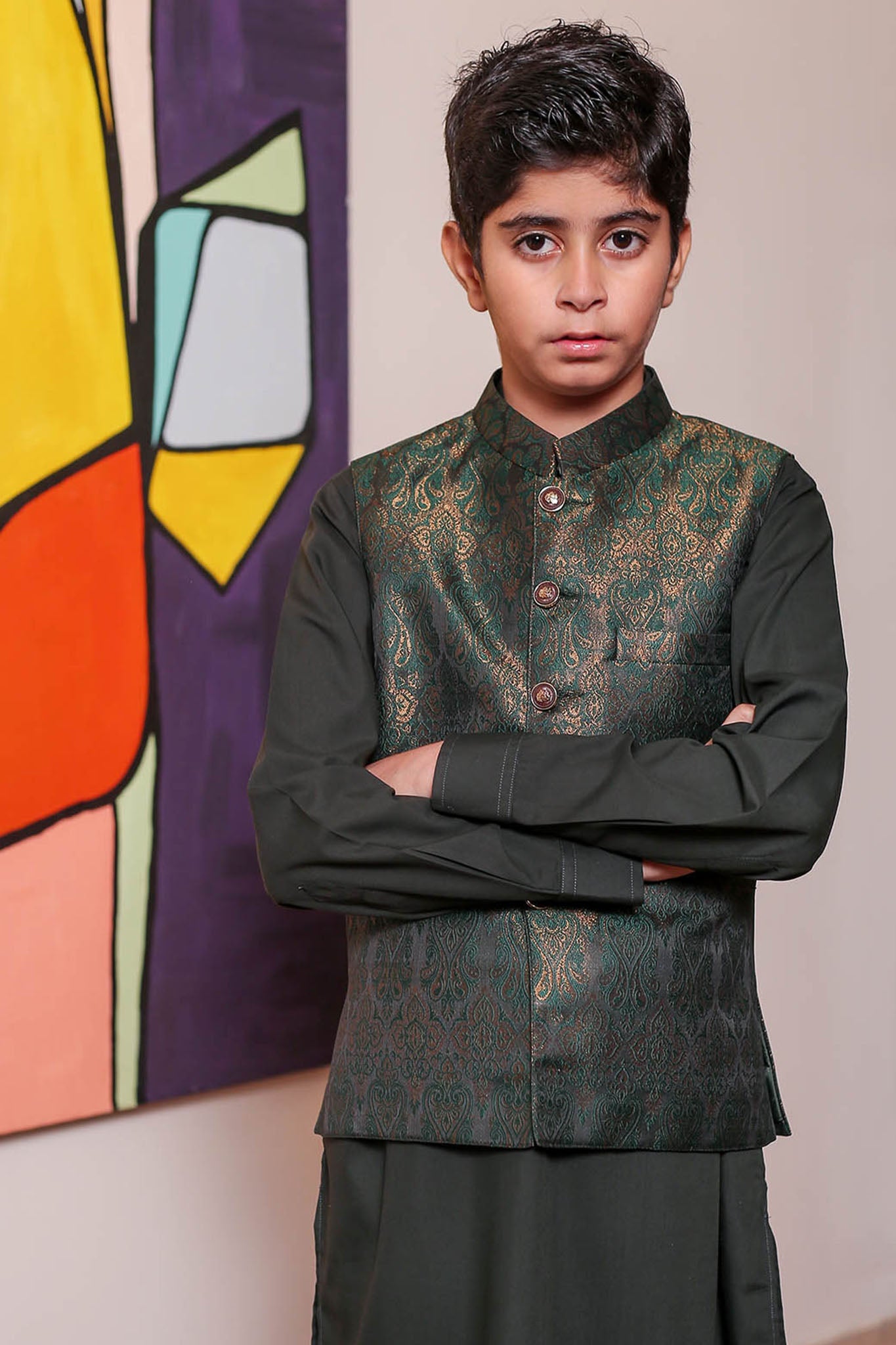 Real Image Kids Waist Coat Collection'2025-OKW-048A Smart Fit Dark Green
