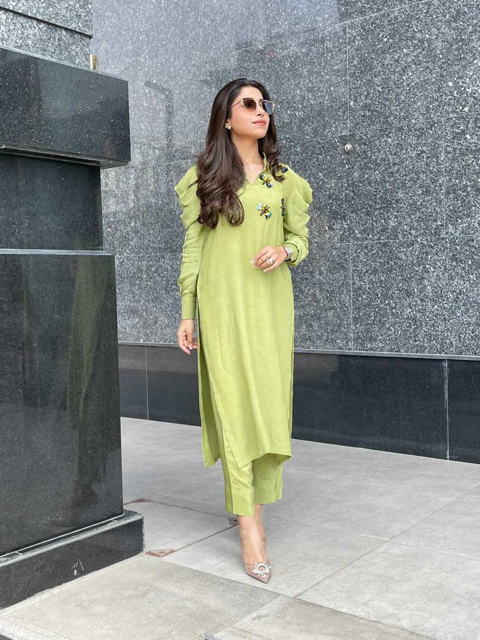 Manahils Stitched Lemon Green Puffy Sleeves Raw Silk