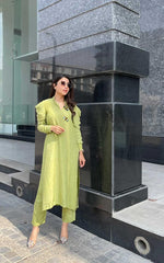 Manahils Stitched Lemon Green Puffy Sleeves Raw Silk