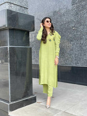 Manahils Stitched Lemon Green Puffy Sleeves Raw Silk
