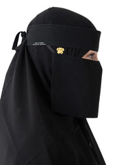Bidoon Essma Arabic Saudi Niqab 6X12 Jet Black With Gold Plated Logo Single Elastic