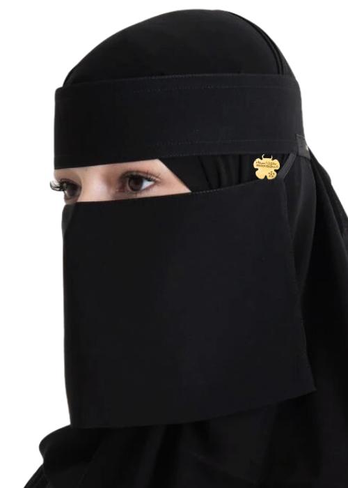 Bidoon Essma Arabic Saudi Niqab 6X12 Jet Black With Gold Plated Logo Single Elastic