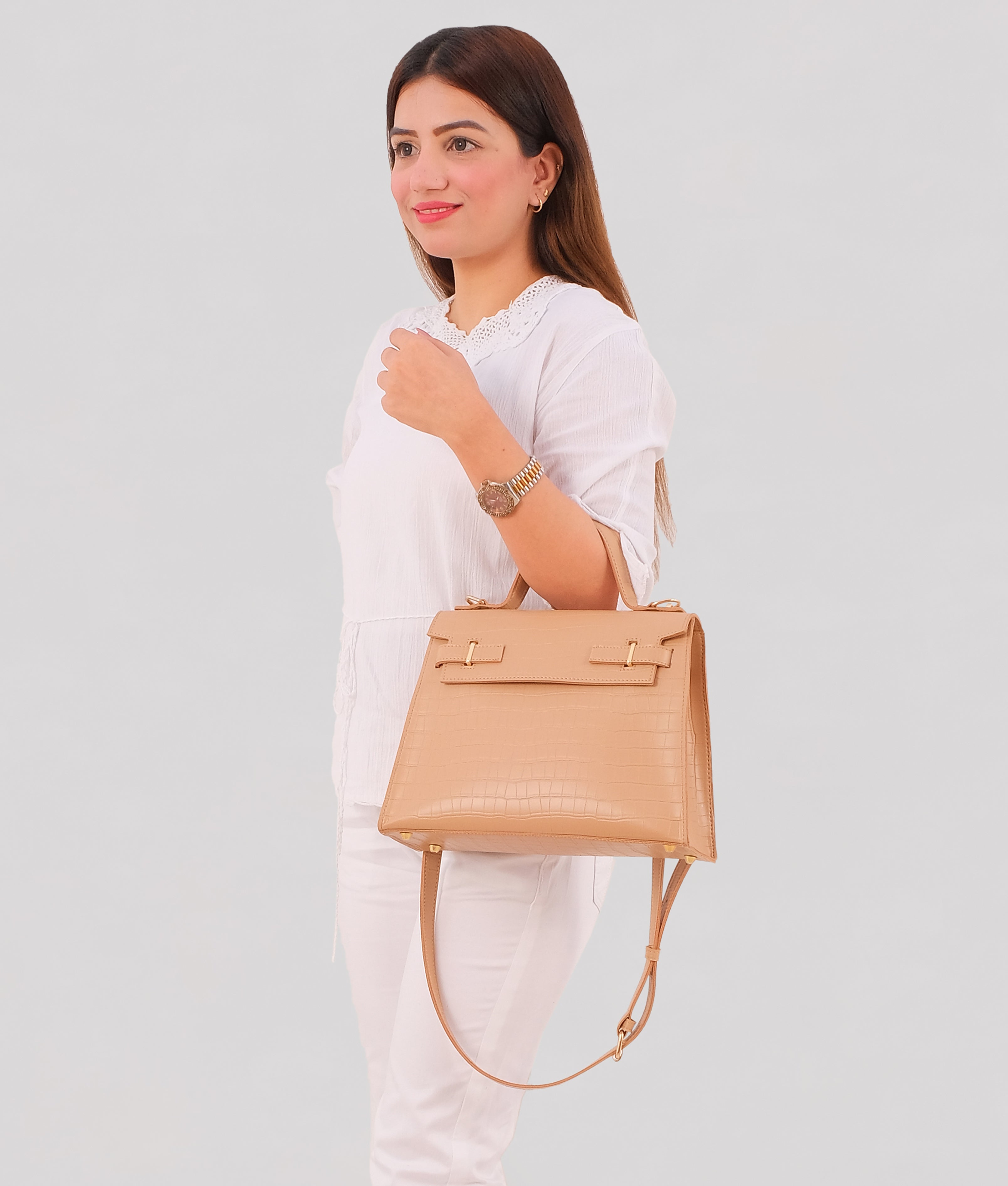 RTW Creation - Beige top-handle crocodile mini bag