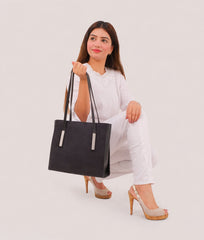 RTW Creation - Black suede zipper shoulder bag with long handle