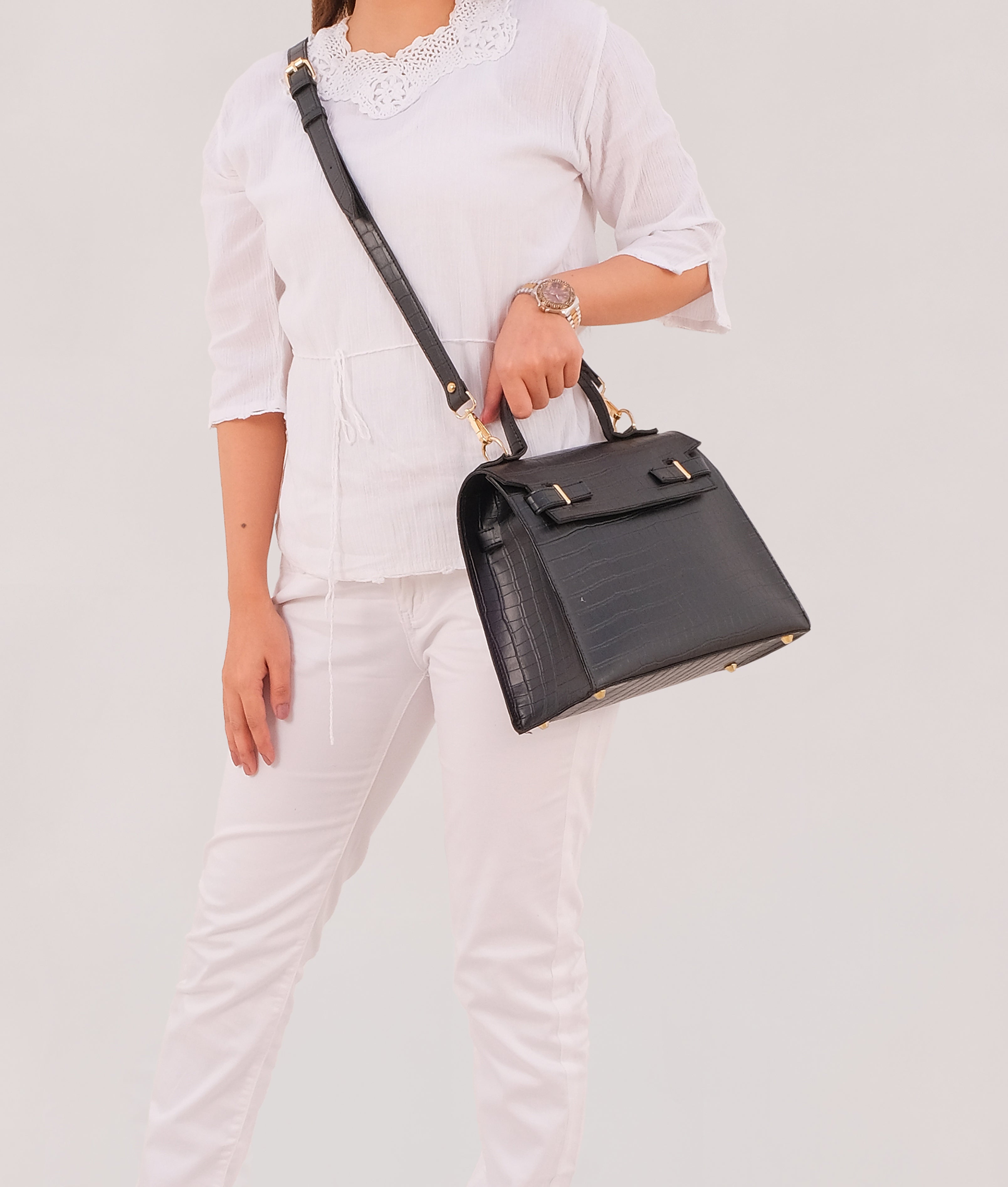 RTW Creation - Black top-handle crocodile mini bag