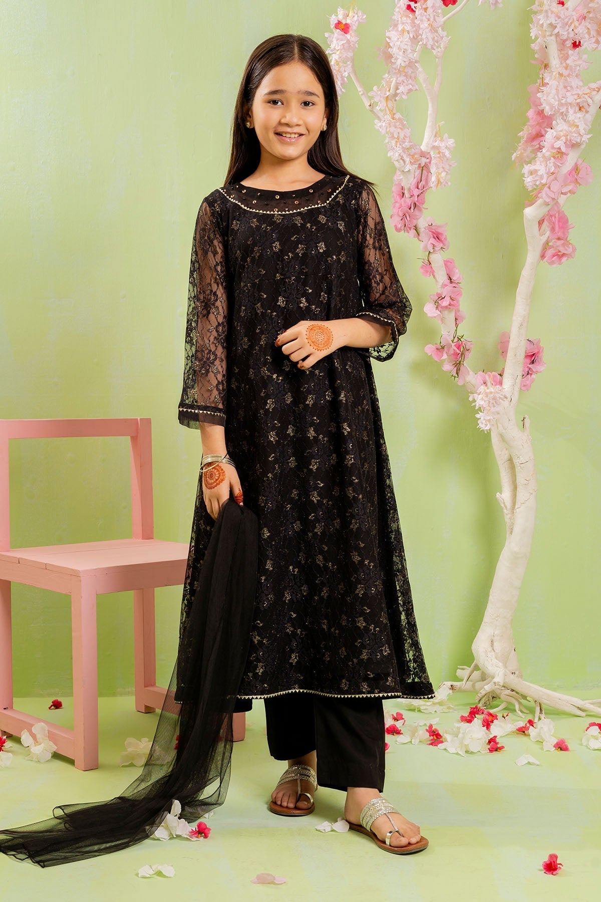Exquisite Net Hand Adda Work 3-Pc Suit â?? Elegant Black Net Maxi Dress with Intricate Embroidery.