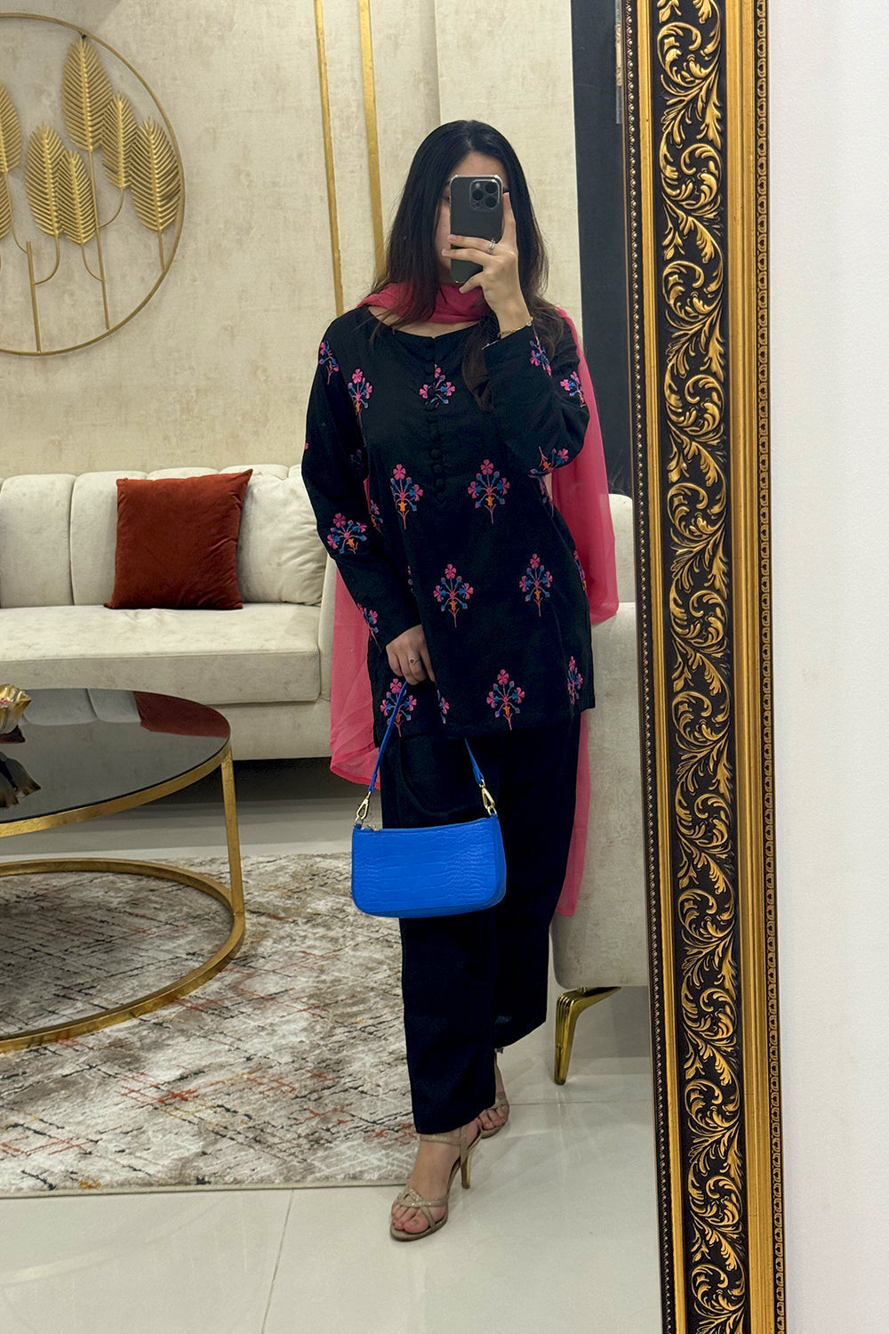 Aqs N Man Stitched 3 Piece Cotton Collection-Midnight Blossom - AM-015