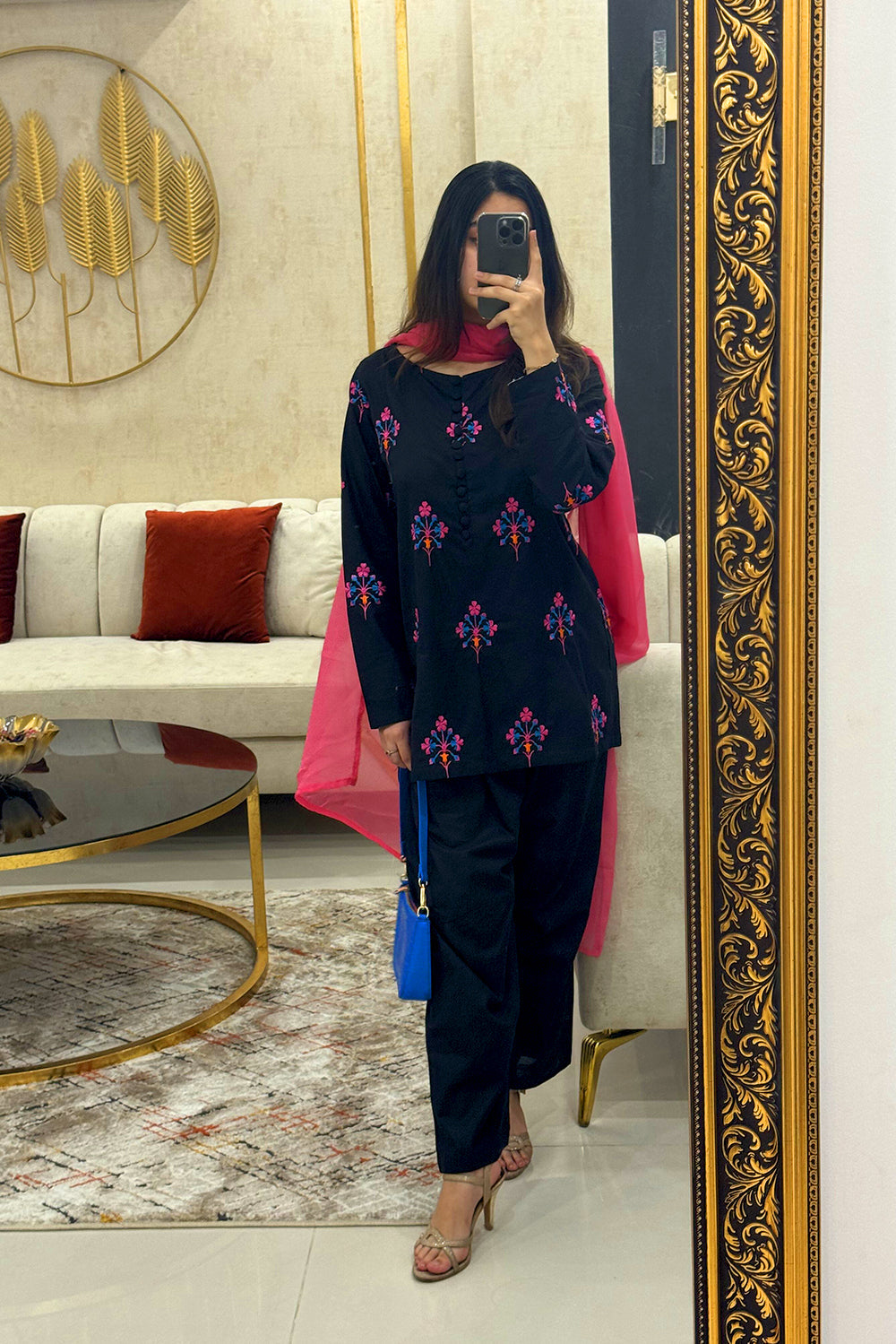 Aqs N Man Stitched 3 Piece Cotton Collection-Midnight Blossom - AM-015