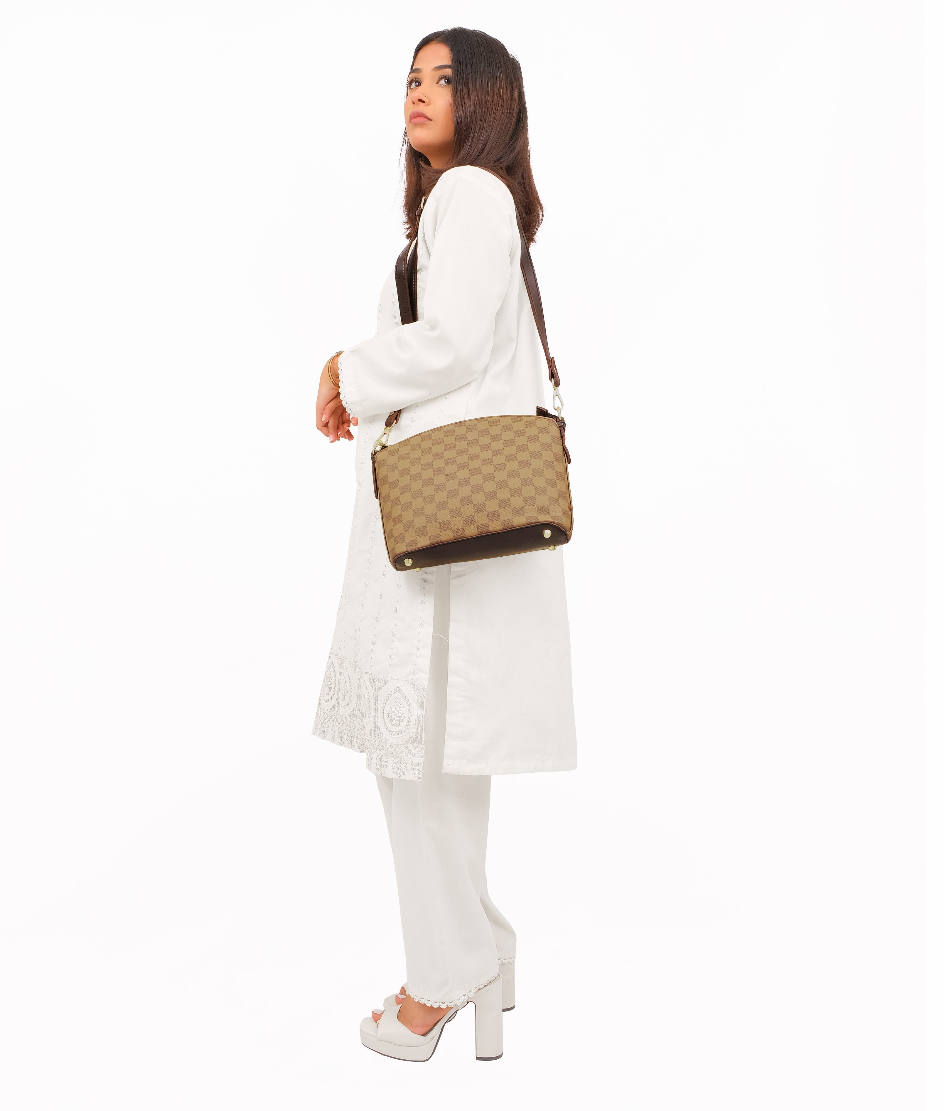 RTW Creation - Brown checkered dome cross-body bag
